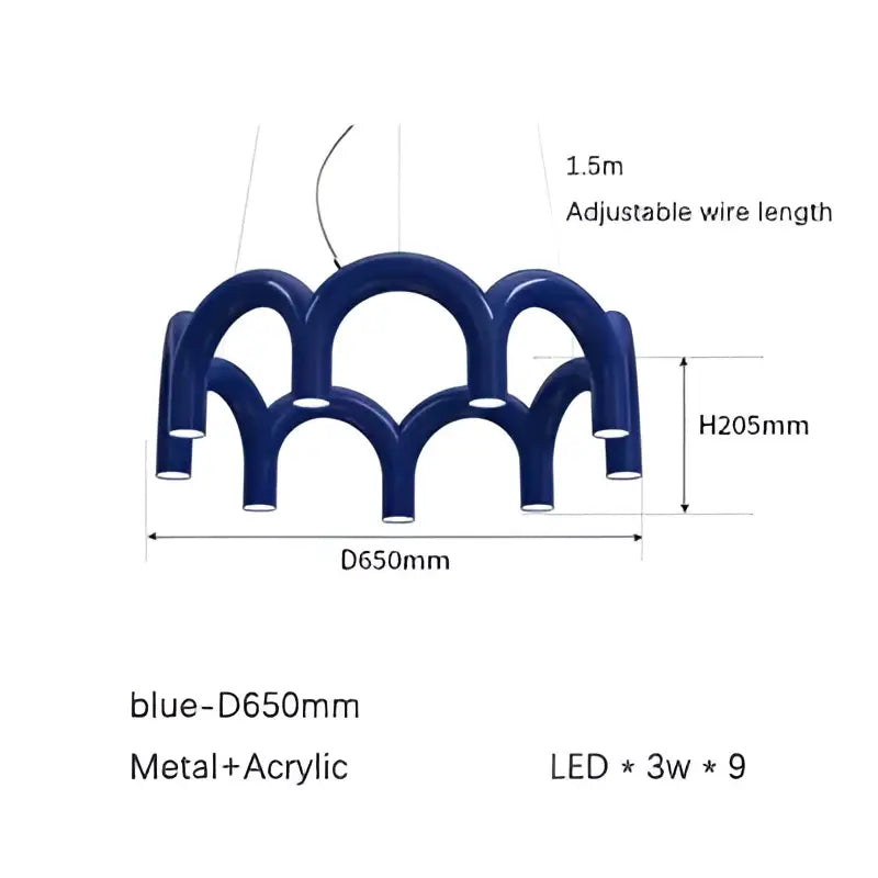 Blue DecorBites modern LED oblure arch chandelier with curved metal and acrylic design for stylish lighting