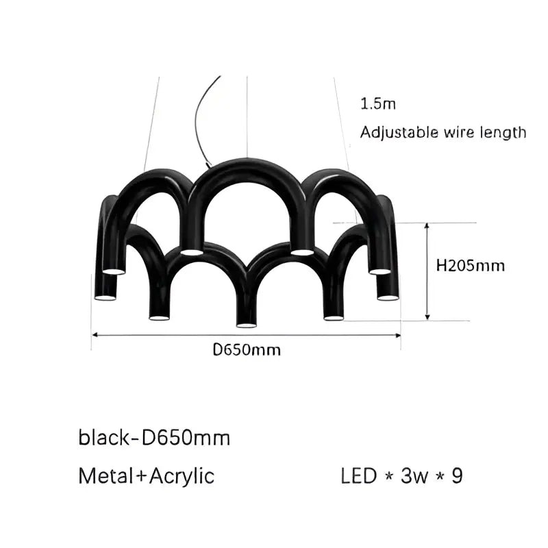 Black modern pendant arch chandelier with sleek arched design made of metal and acrylic by DecorBites oblure arch chandelier