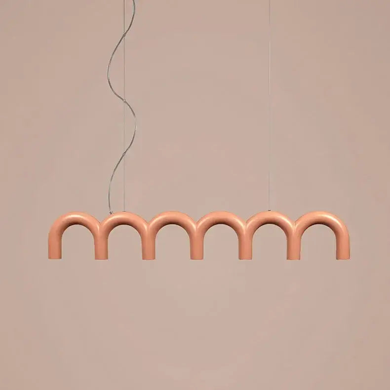 DecorBites™ modern peach arch chandelier with smooth curved arches suspended by thin wires in oblure arch style