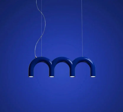 Blue oblure arch chandelier featuring a modern u-shaped pendant with three arched segments suspended by thin cords