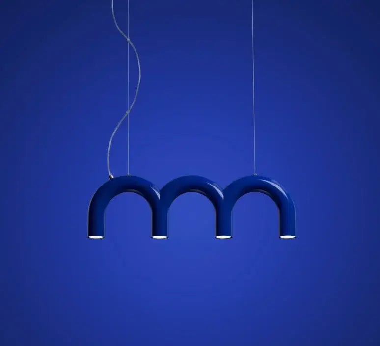 Blue oblure arch chandelier featuring a modern u-shaped pendant with three arched segments suspended by thin cords