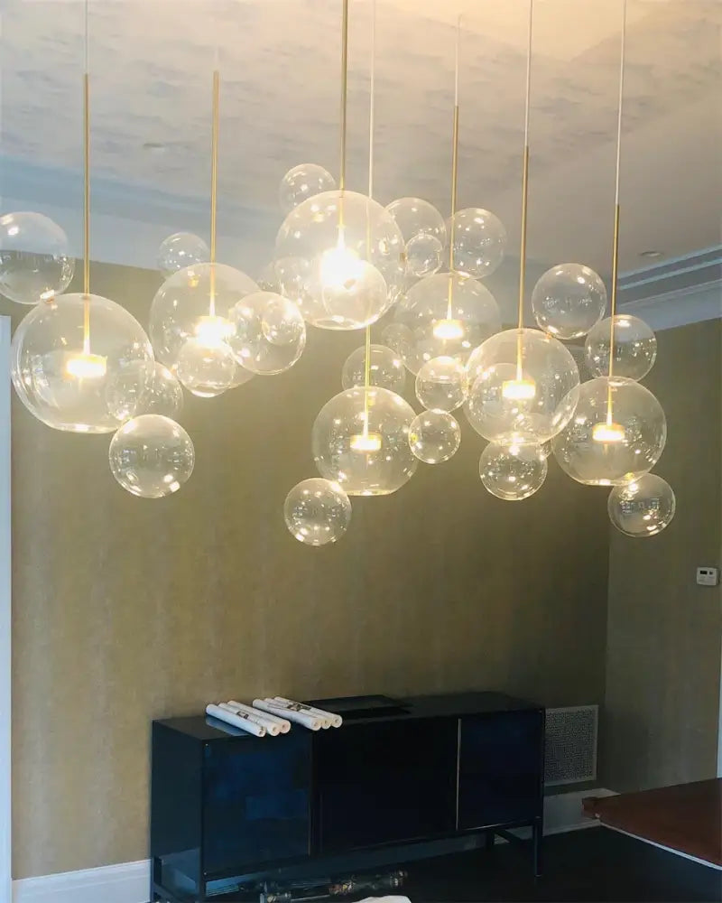DecorBites modern led bubble chandelier with transparent glass spheres and gold rods for living room or dining room decor led