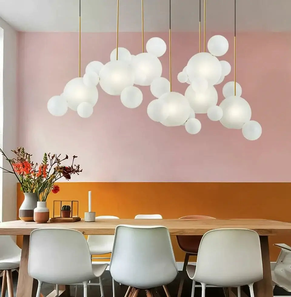 DecorBites™ modern white glass bubble pendant light with gold rods for living room nordic decor led lighting