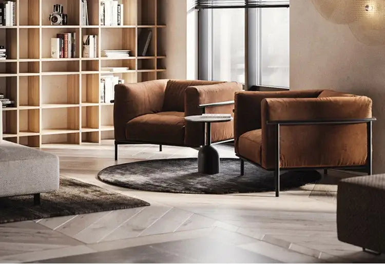 Brown velvet armchairs with black metal frames complement the modern led chandelier gold black for living rooms and bedrooms
