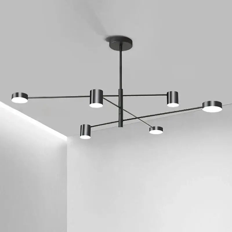 DecorBites Modern led chandelier in black metal with six cylindrical lights arranged in geometric pattern for living room
