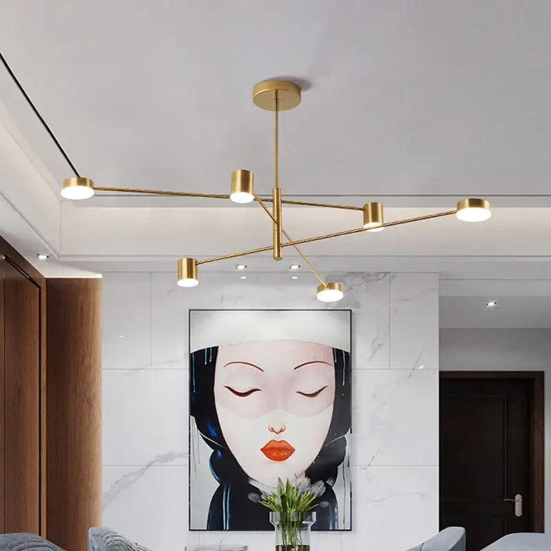 DecorBites™ modern led chandelier in gold black with six slender arms and cylindrical light fixtures for living room and bedroom