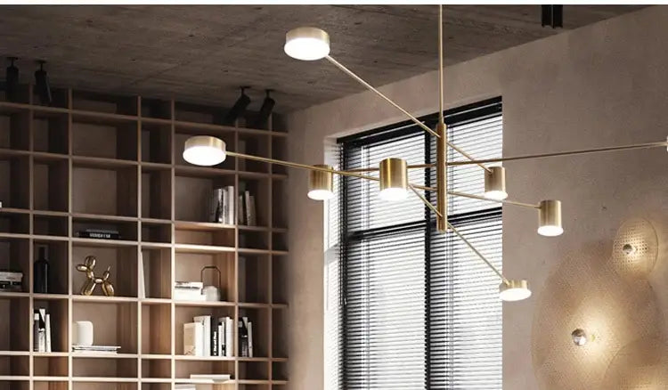 Decorbites modern led chandelier gold black brass with cylindrical lights in geometric branching design for living room and bedroom