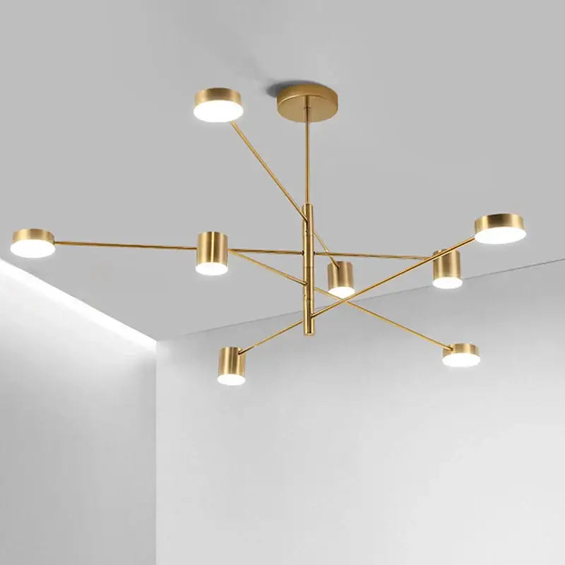 DecorBites modern led chandelier in gold black with six cylindrical light fixtures for living room and bedroom use