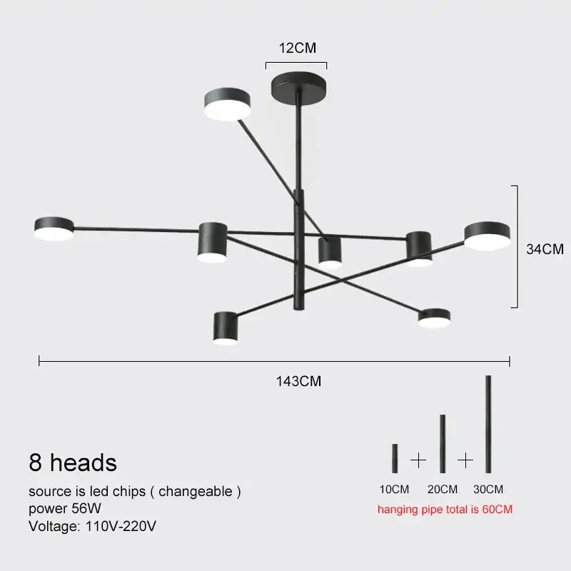 Black DecorBites™ modern led chandelier with eight circular LED heads in a geometric branching design for living rooms