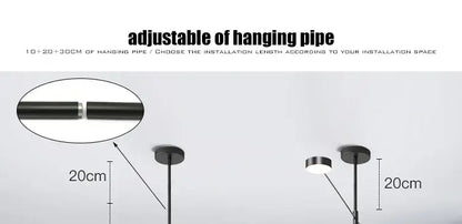 Black adjustable hanging pipe with a sleek cylindrical design for customizable installation in a modern led chandelier