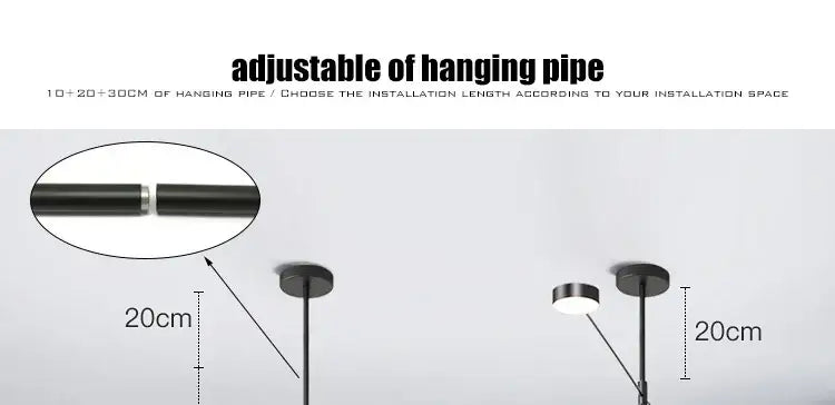 Black adjustable hanging pipe with a sleek cylindrical design for customizable installation in a modern led chandelier