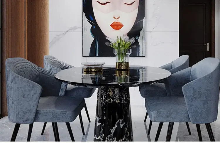 Black marble table with glossy finish and white veining shown with decorbites modern led chandelier gold black for living room