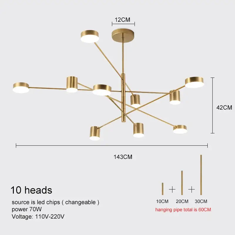 Decorbites modern led chandelier gold black with ten illuminated led light heads in geometric branching design
