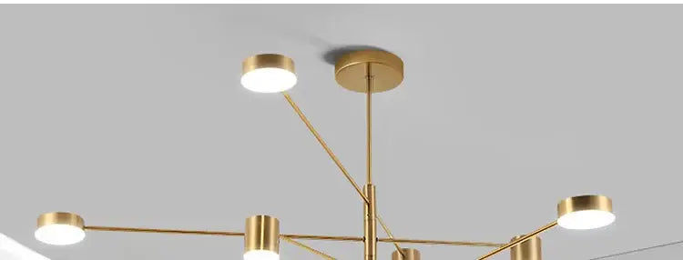 Modern led chandelier decorbites™ with six gold-toned circular light fixtures and slender metallic arms for living spaces
