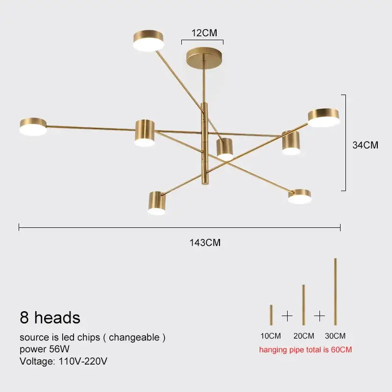 Decorbites™ modern led chandelier in gold black with eight cylindrical light heads for living room and bedroom use
