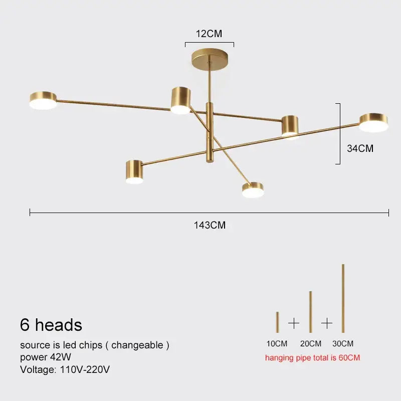 Decorbites™ modern led chandelier gold black with six cylindrical lamp heads in radial design for living room and bedroom