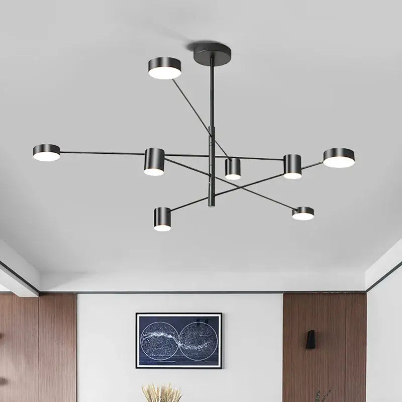 DecorBites modern led chandelier in gold black metal with cylindrical lights in geometric pattern for living room and bedroom