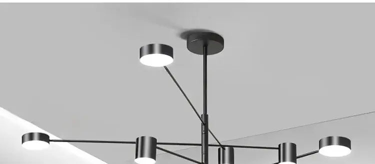 Modern led chandelier DecorBites™ with six black metal cylindrical light fixtures for living room and bedroom use