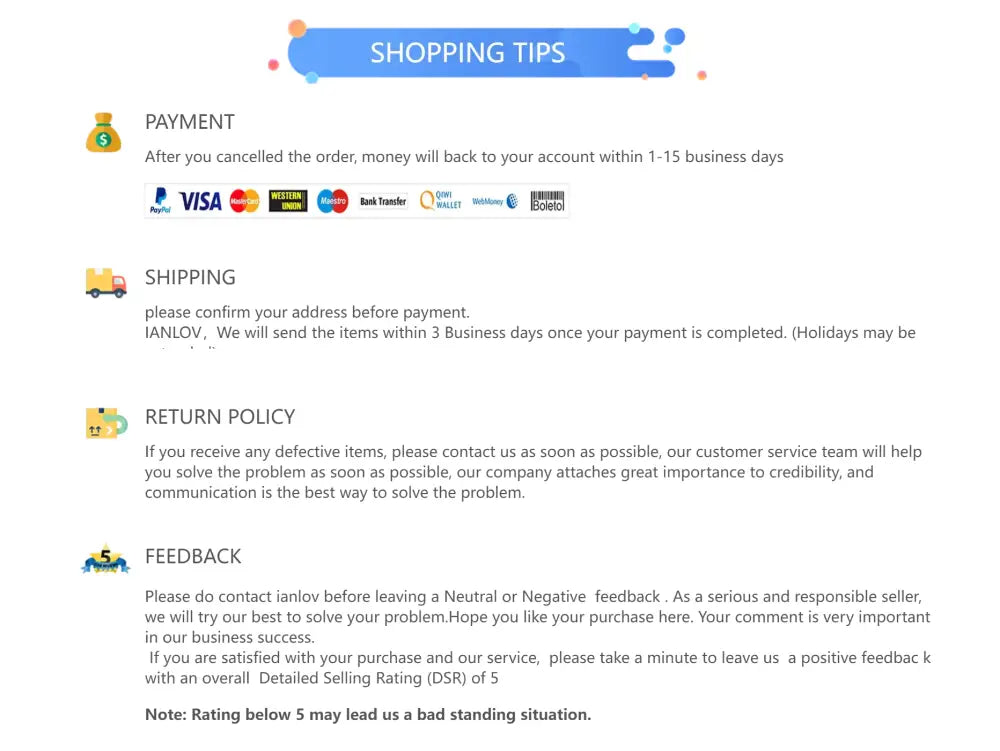 A blue banner displaying shopping tips and payment logos alongside decorbites modern led chandelier in gold black for living room and bedroom