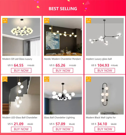Decorbites modern led chandelier with gold black metal arms and spherical bulbs for living room and bedroom use