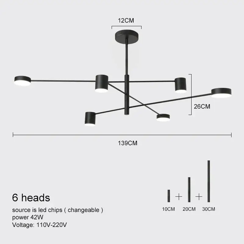 DecorBites modern led chandelier in gold black with six cylindrical light heads and adjustable arm lengths for living room