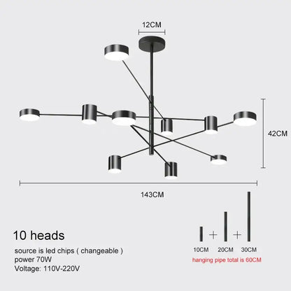 DecorBites™ modern led chandelier in gold black with ten circular led light heads for living room and bedroom