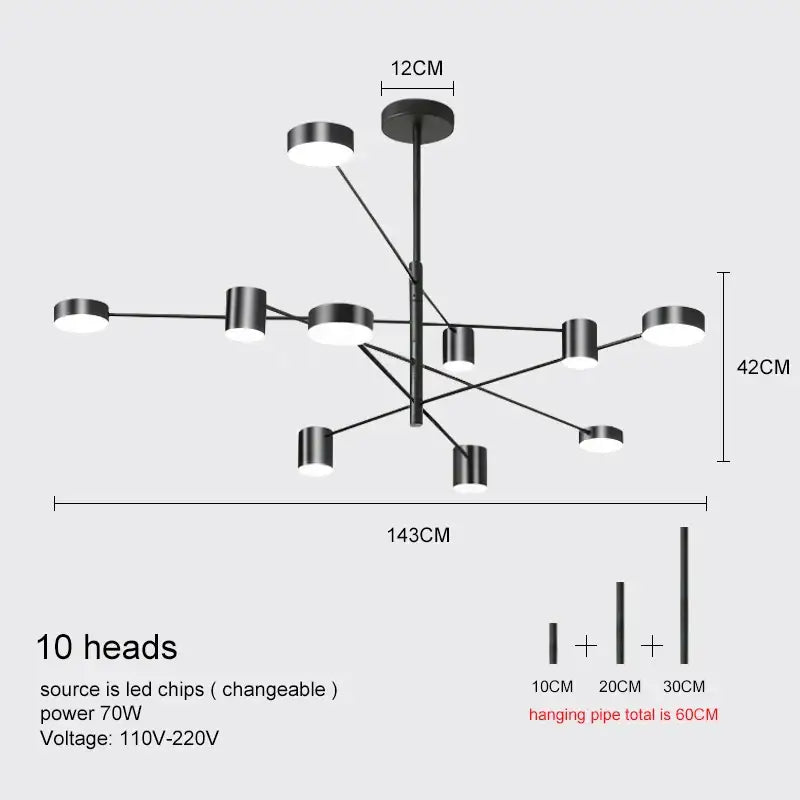 DecorBites™ modern led chandelier in gold black with ten circular led light heads for living room and bedroom