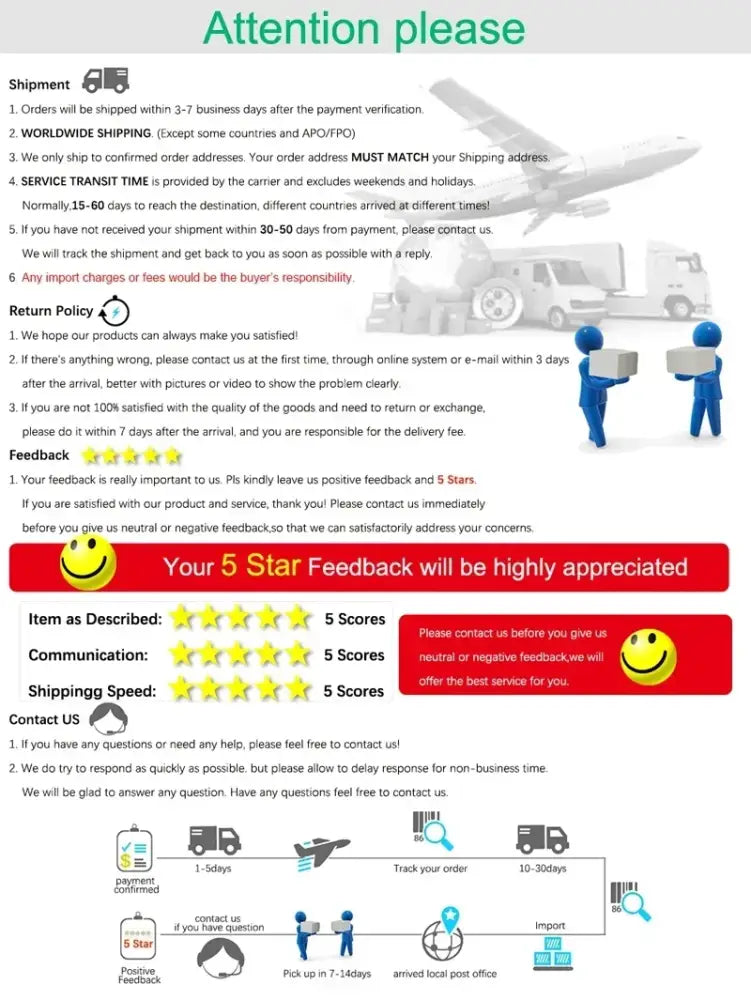 Detailed shipping and return policy infographic for decorbites™ modern led chandelier with three color options for households
