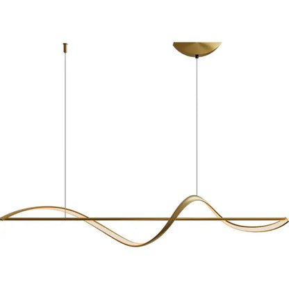 Gold-toned modern led chandelier pendant light with sleek wave design and transparent glass accents for dining or bedroom