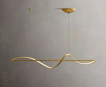 A sleek gold-toned pendant light with a wave design from DecorBites™ modern led chandeliers for dining or bedroom
