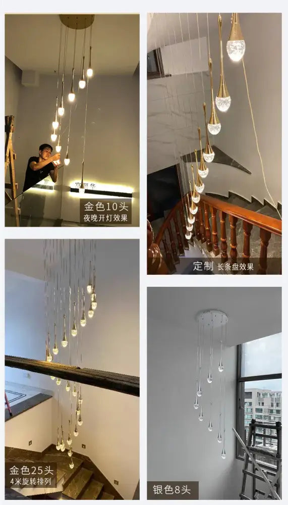 Golden and silver led crystal chandelier with teardrop-shaped glass pendants suspended by thin cords for home decor