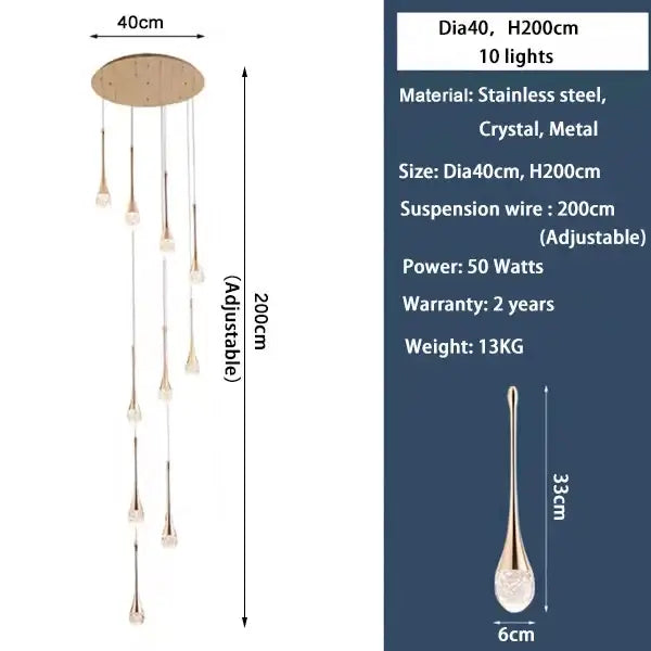DecorBites modern led crystal chandelier with circular stainless steel top and ten adjustable teardrop lights for home decor