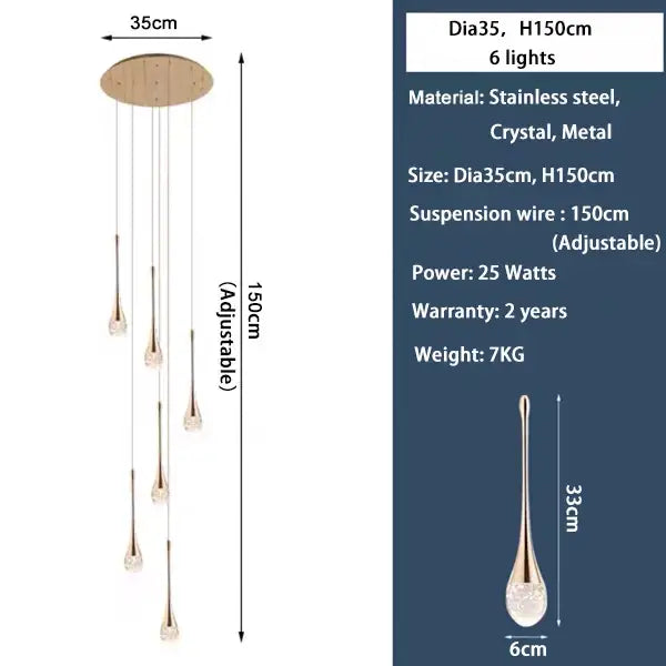 DecorBites modern led crystal chandelier with six teardrop crystal fixtures and stainless steel ceiling mount