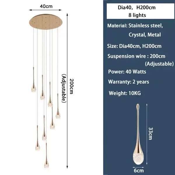Decorbites™ modern led crystal chandelier with circular stainless steel top and eight teardrop light fixtures suspended by wires
