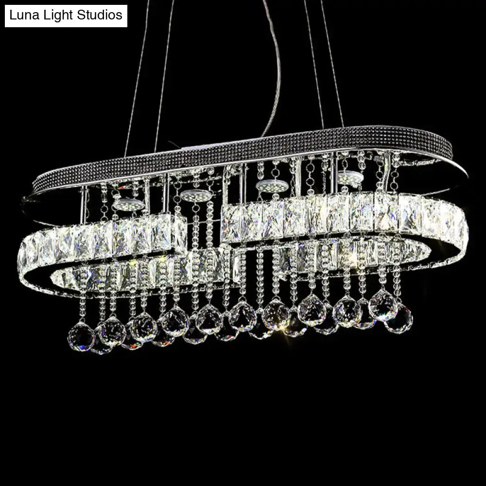 DecorBites modern led crystal pendant light with stainless steel frame and cascading rectangular and teardrop crystals