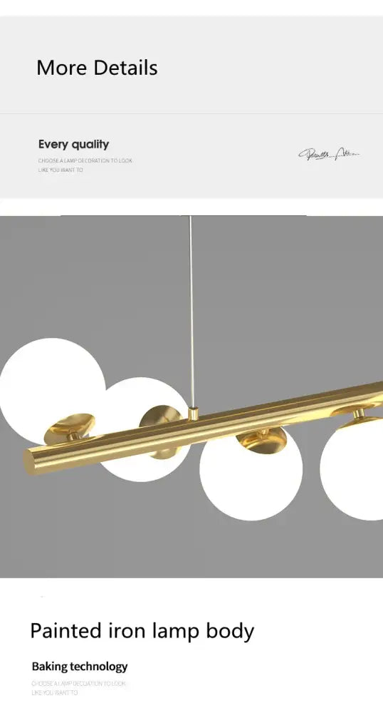 Gold-toned painted iron led glass chandelier with spherical white glass shades for modern dining room decor