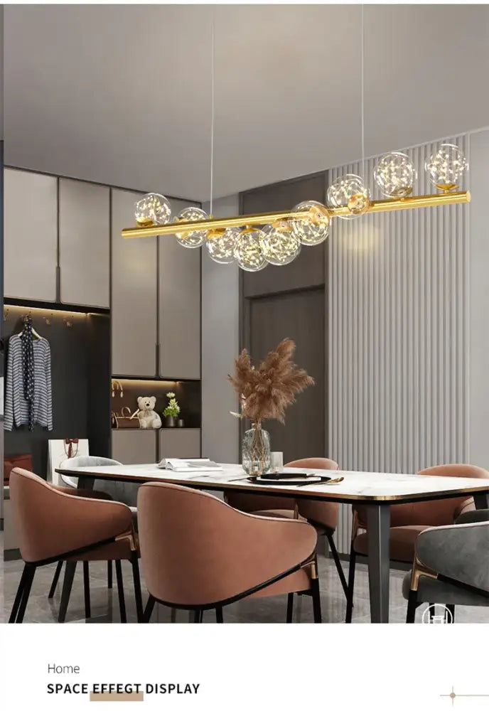 Gold-toned DecorBites™ modern led glass chandelier with spherical glass globes for dining room lighting