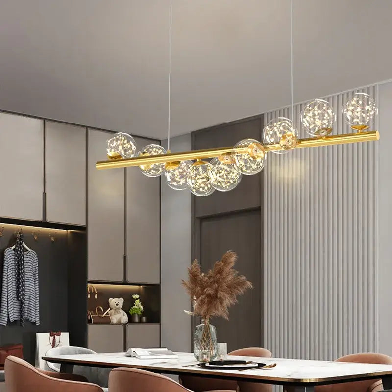 Decorbites™ modern led glass chandelier with gold-toned horizontal bar and clear globe bulbs for dining room lighting
