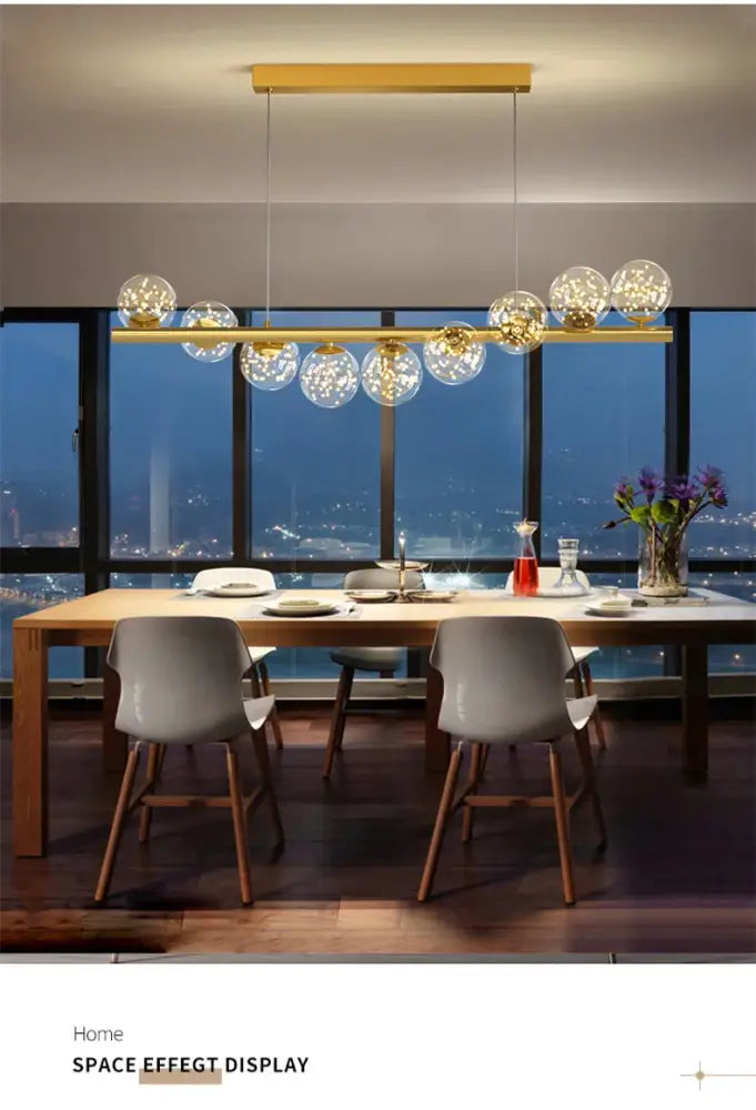 Decorbites modern led glass chandelier with gold-toned spherical globes suspended from sleek bar for dining room
