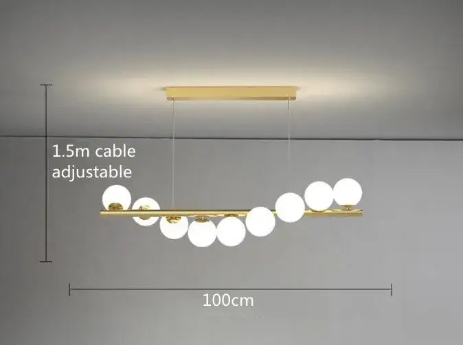 DecorBites™ modern led glass chandelier with gold-toned bar and white globes for dining room lighting