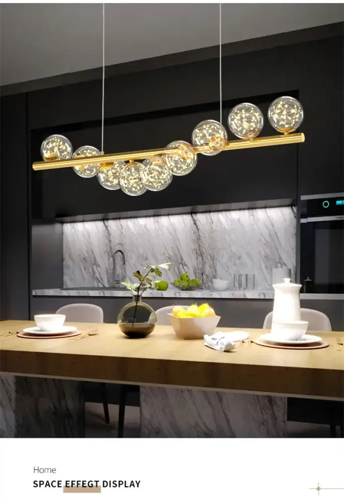 DecorBites™ modern led glass chandelier with gold-toned spherical globes emits warm glow for dining room lighting