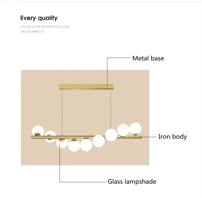 Modern gold-toned decorbites™ led glass chandelier with sleek iron body and spherical lampshades for dining room use