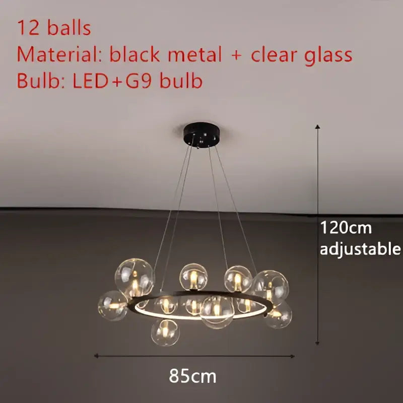 DecorBites™ modern LED glass chandelier with 12 clear glass bubbles, adjustable cord, and black metal frame