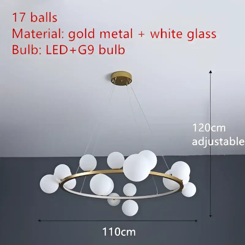 DecorBites™ modern LED glass chandelier with 17 frosted spheres and adjustable cord on a gold metal ring