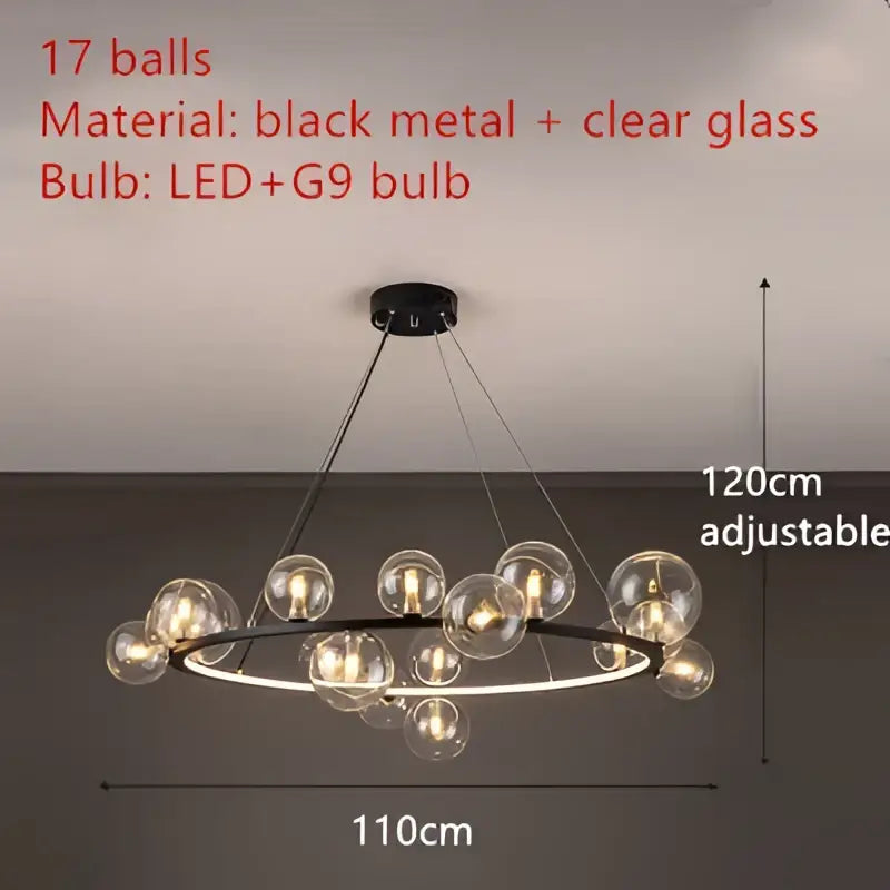 DecorBites™ modern LED glass chandelier with 17 clear glass bubble bulbs and adjustable cord on black metal frame