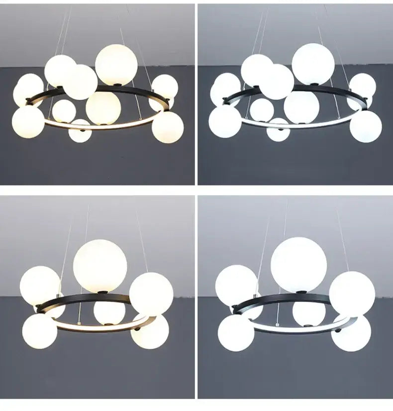 Modern DecorBites™ LED glass chandelier with adjustable cord, sleek black frame, and frosted clear glass bubble orbs