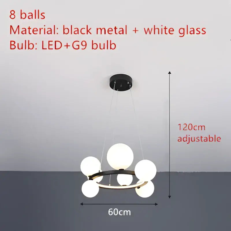 DecorBites™ modern black metal chandelier with clear glass bubble spheres and adjustable cord with led g9 bulbs