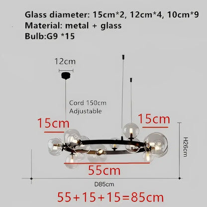 DecorBites™ modern black metal chandelier with clear glass bubble shades and adjustable 150cm cord