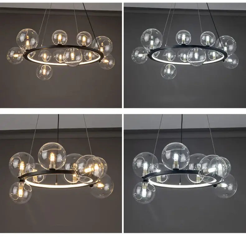 Modern black metal chandelier with clear glass bubble bulbs and adjustable cord by decorbites™ for contemporary lighting