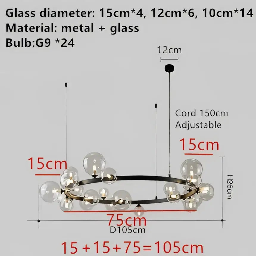 Decorbites modern black metal chandelier with clear glass bubble bulbs and adjustable cord in a circular pattern